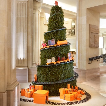 A Christmas tree made of Louis Vuitton items is on display in the